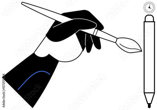 Hand holding classic brush beside digital stylus with clock, blending traditional art with modern technology. Ideal for creativity, innovation, progress, design, art, balance productivity. Simple