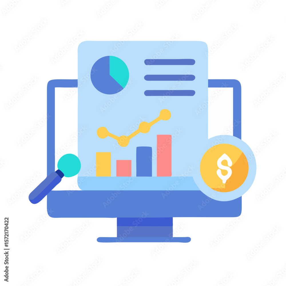 Fototapeta premium Financial data analysis on computer screen with dollar coin