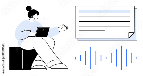 Woman seated using laptop, gesturing towards text document and sound waves. Ideal for communication, remote work, technology, collaboration, education, digital media simplified workflows. Minimalist