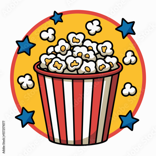 Illustration of popcorn bucket with stars for movie night or snack time vector graphic design element