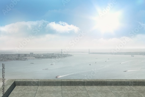 Flat design is showing tiled stone terrace with parapet overlooking sea with boats and bridge