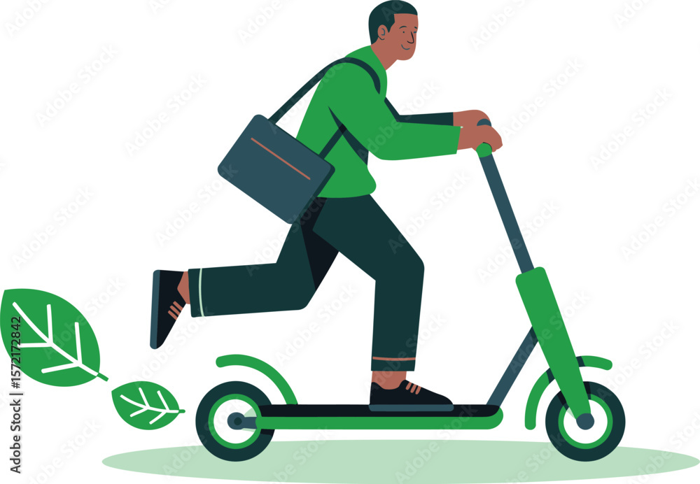 Man riding a green electric scooter with leaves symbolizing eco friendly transportation. Vector Image, AI Generated Man riding a green electric scooter with leaves symbolizing eco friendly transportation. Vector Image, AI Generated