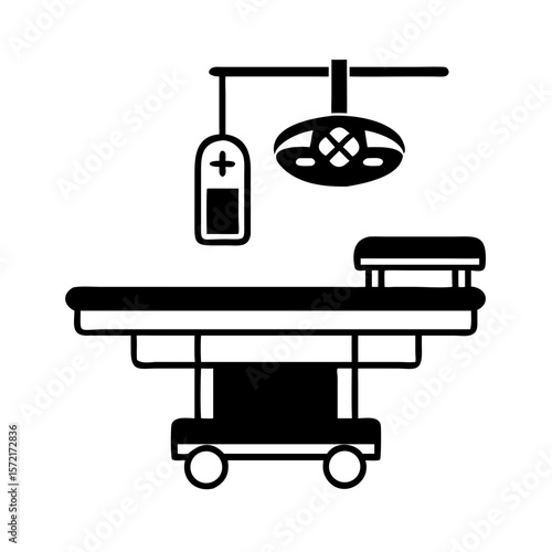 Operating room with surgical table and medical equipment icon  