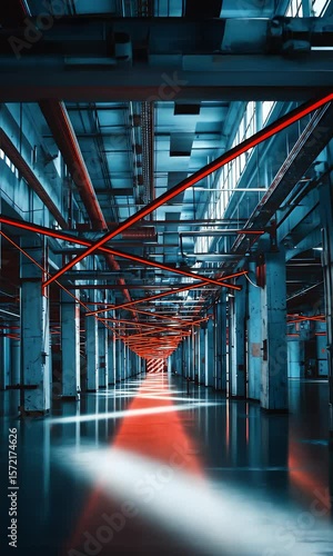 Abstract Industrial Space with Red Lighting and Open Floor Area