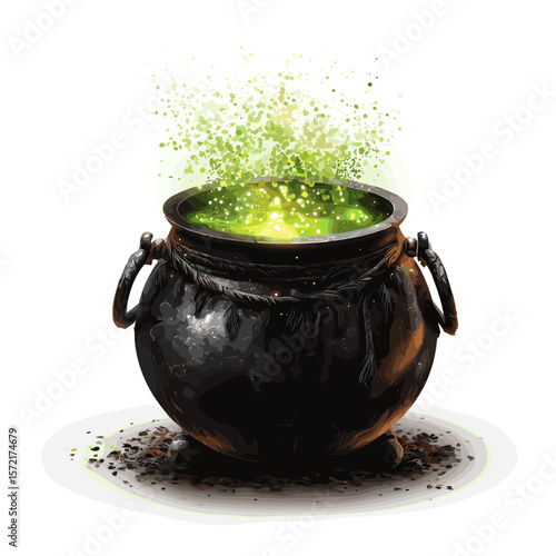 Vector Illustration Witch Cauldron with green glowing potion
