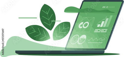 Modern laptop displaying green energy data and growth charts with stylized leaves. Vector Image, AI Generated