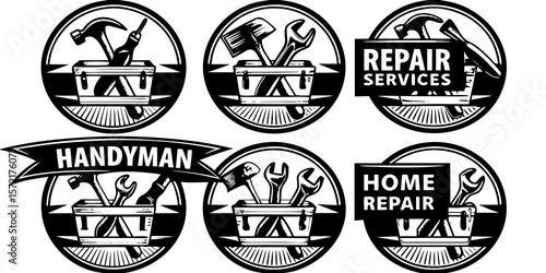 Vintage Style Handyman Logos with Tools and Repair Services