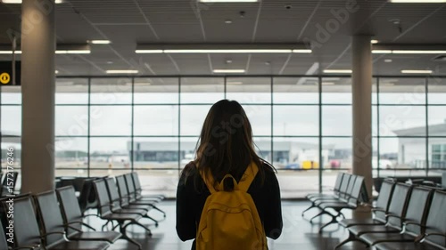 A woman with a backpack stands in an empty airport terminal