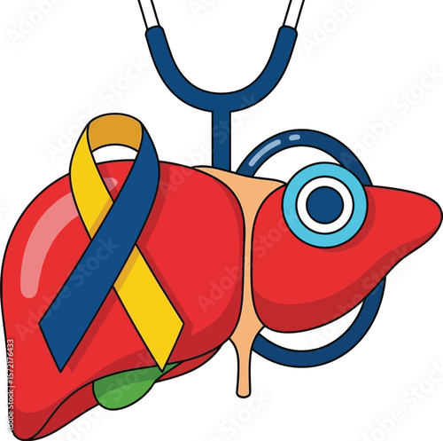 Illustration of a liver with a ribbon and stethoscope on a white background
