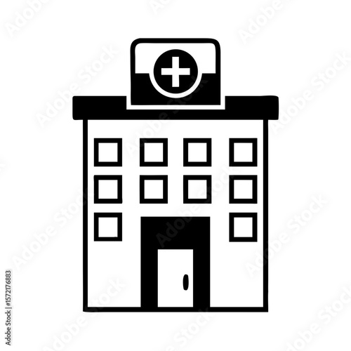 Hospital building with medical cross sign in black and white design  