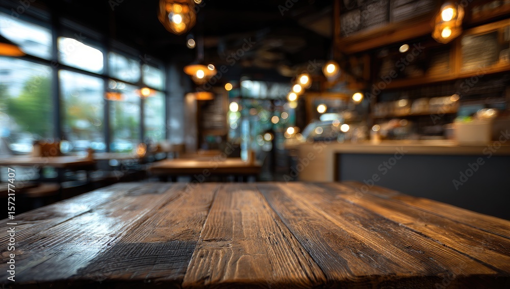 Rustic cafe interior, blurred background, wooden table Rustic cafe interior, blurred background, wooden table