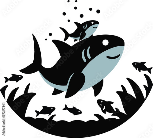 Cartoon vector illustration of a shark love affection care with baby shark and swimming in the blue ocean