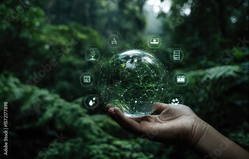 Hand holds glowing globe, surrounded by tech icons, in lush forest