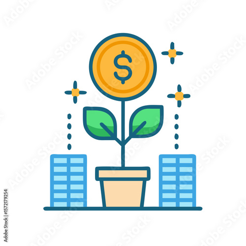 Financial growth illustration with coin plant and buildings
