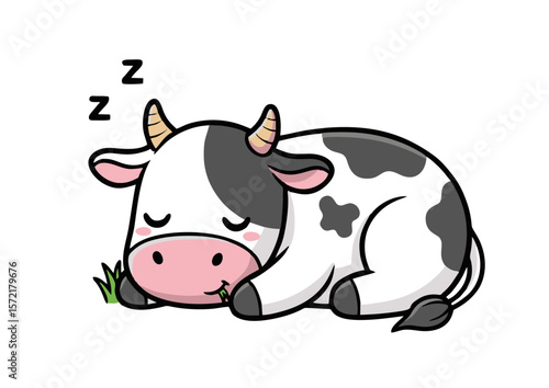 Cute Cartoon Cow Sleeping and Eating Grass.