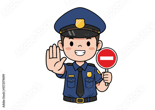 Cartoon Policeman Holding Stop Sign with Hand Up Blue Uniform.