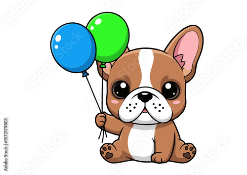Adorable Cartoon French Bulldog Puppy Holding Colorful Balloons Smiling Happily.