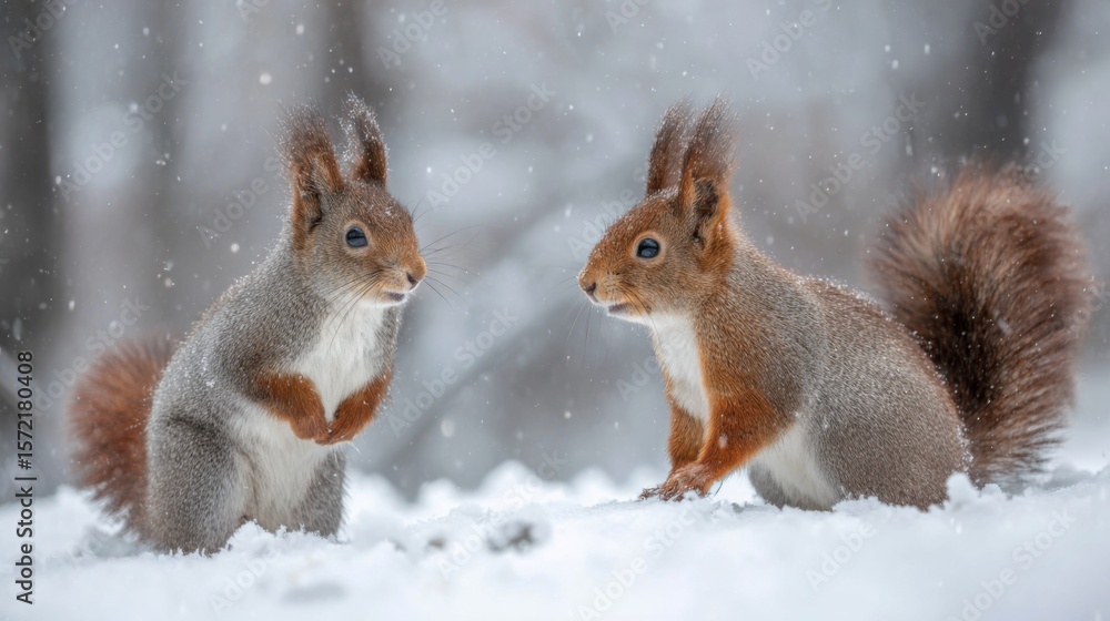 Two cute furry red squirrels interacting in snowy forest during winter season Two cute furry red squirrels interacting in snowy forest during winter season