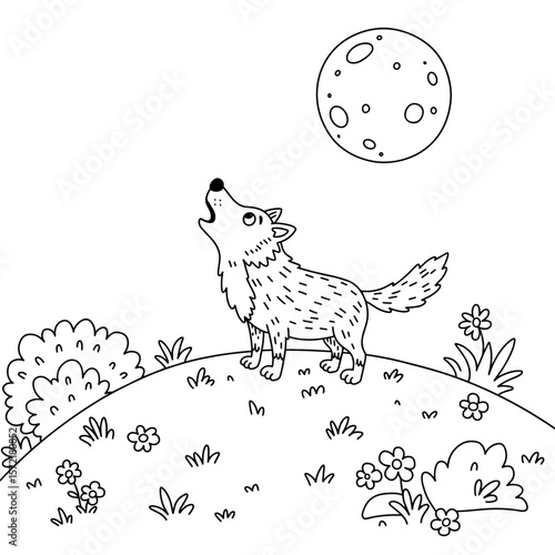 A lone wolf howls on a grassy hill beneath a cratered full moon, surrounded by plants and flowers in a peaceful night scene.