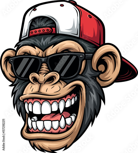 Cool grinning monkey head in sunglasses and backwards cap, cartoon vector illustration.