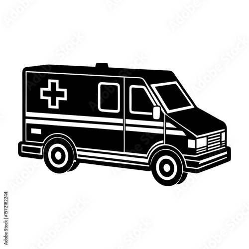Illustration of a black and white ambulance with a cross symbol on it