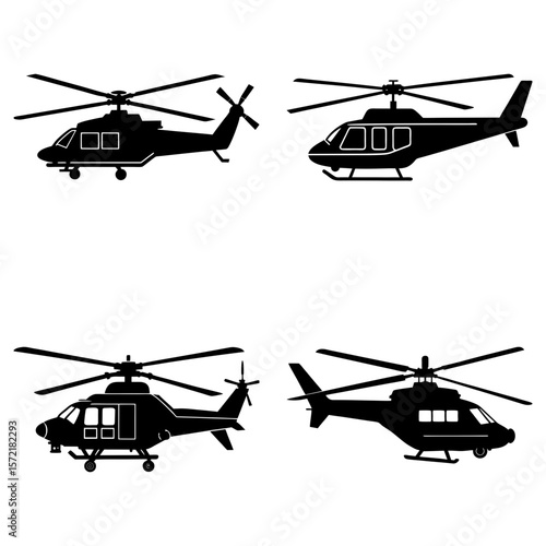 Four black silhouette illustrations of helicopters in various positions