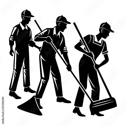 Three sanitation workers sweeping with brooms in silhouette illustration