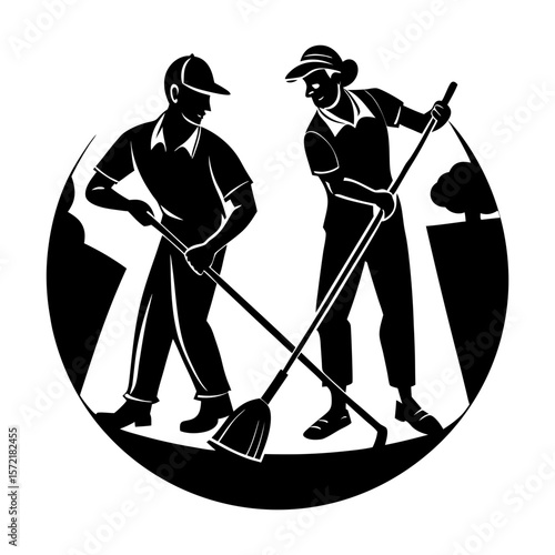 Two people sweeping with brooms in a circular black and white design