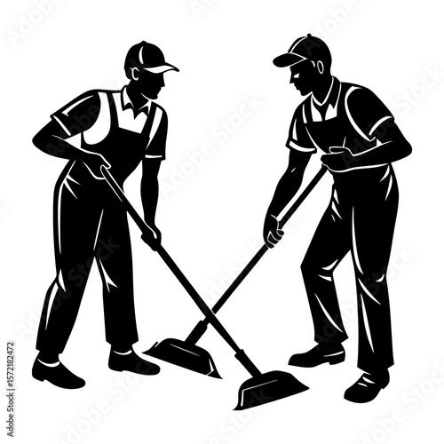 Two sanitation workers sweeping with push brooms in black and white style