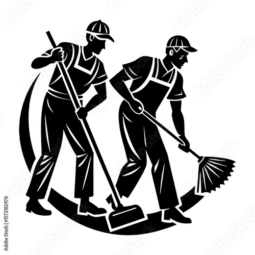 Two sanitation workers sweeping and shoveling in silhouette artwork style