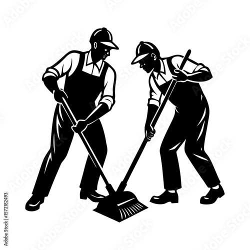 Two sanitation workers sweeping with brooms in monochrome illustration