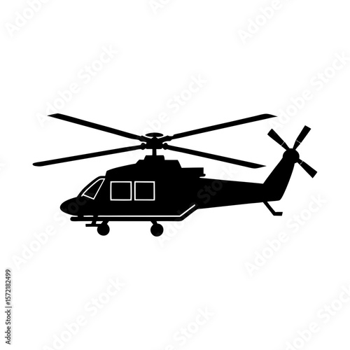 Silhouette illustration of a helicopter with rotor blades visible side view