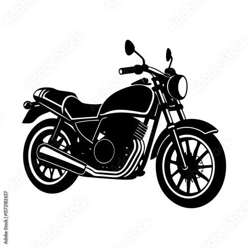 Illustration of a classic black motorcycle with detailed components view