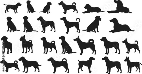 Dog silhouette collection, standing and sitting dogs, various dog poses, black dog icons, pet clipart, domestic animals, isolated vector art