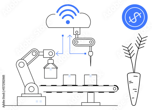 Robotic arm and machinery processing produce on a conveyor, linked to IoT-based cloud data. Ideal for agriculture, technology, automation, farming, innovation, efficiency, data-driven operations