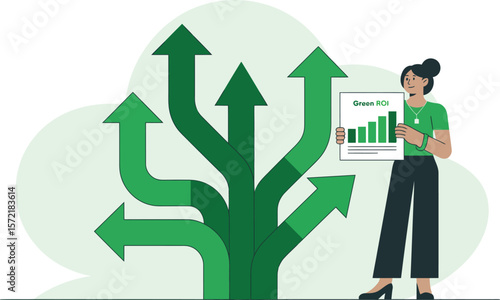 Woman holding green roi chart with multiple green arrows indicating different growth directions. Vector Image, AI Generated