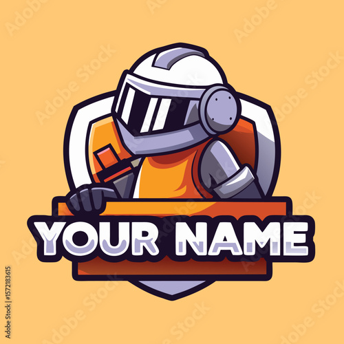 A stylized robot character holding a shield, ready for action.  A customizable personalized logo