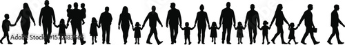 Silhouette of diverse family members holding hands, walking together, parenting concept, unity and love, isolated on white background, vector
