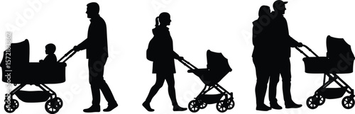 Silhouette parents pushing strollers, family walking together, baby carriage illustration, parenting moments, outdoor walk, modern family lifestyle, black silhouette ar