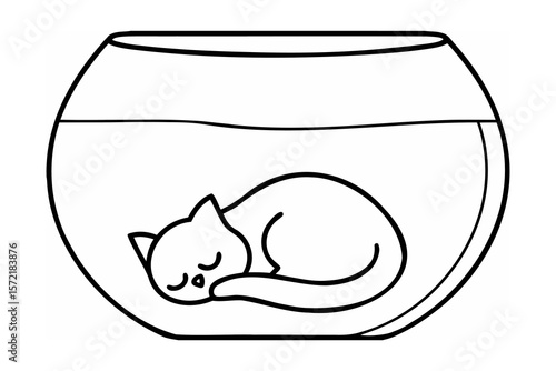 Sleeping kitten in a fishbowl curled up glass