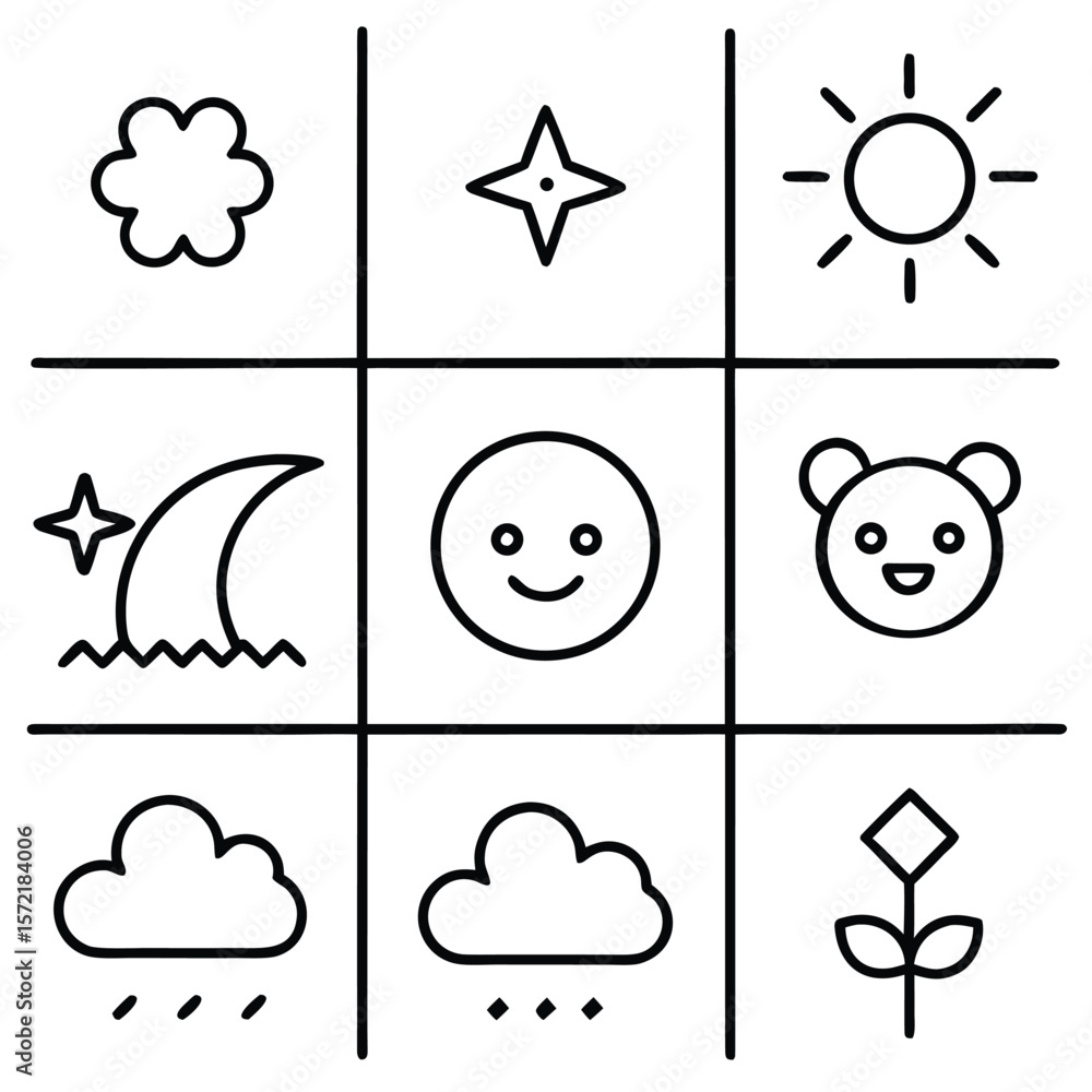 Obraz premium Simple line art icons of nature and celestial elements cloud star