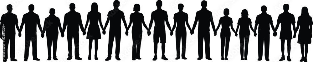 Silhouettes of diverse people holding hands, unity, community, friendship, teamwork, standing together, black figures, support, group cooperation illustration Silhouettes of diverse people holding hands, unity, community, friendship, teamwork, standing together, black figures, support, group cooperation illustration