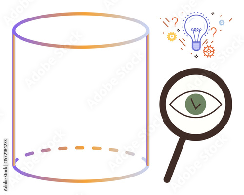 Magnifying glass highlighting eye, upright cylinder, and idea lightbulb with gears and question marks. Ideal for innovation, analysis, problem-solving, creativity, vision research concepts. Simple