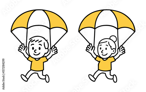 Boy And Girl with Parachute. Happy Kid Floating in Air, Paragliding, Simple Hand-Drawn Yellow Line Art Doodle Vector Illustration