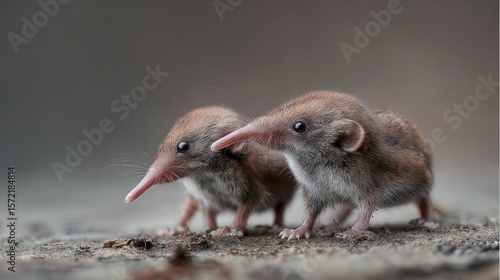Close up portrait of two small shrews with long snouts in natural habitat