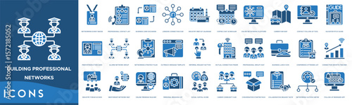 Building Professional Networks Icon set. Networking Event Badge, Professional Contact List, Business Card Exchange, LinkedIn Connection Hub, Industry Meetup Calendar and Coffee Chat Scheduler