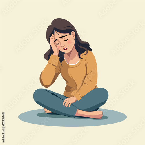 A young woman sits cross-legged on the floor with her eyes closed, holding her head in pain. This vector shows stress, fatigue, or a headache in a simple cartoon style.