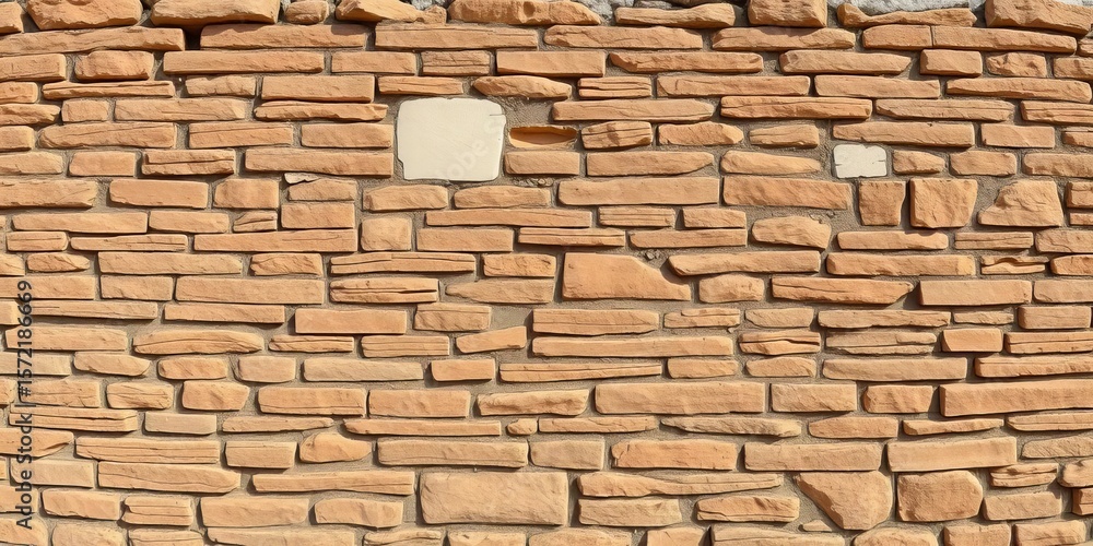Fototapeta premium Seamless panorama of aged brown sandstone rubble wall with cracked stucco remnants, repeat, detail