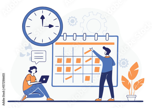 Flat Vector Illustration of Business Team Working on Schedule Planning with Online Calendar for Web Landing Page and Banner Design