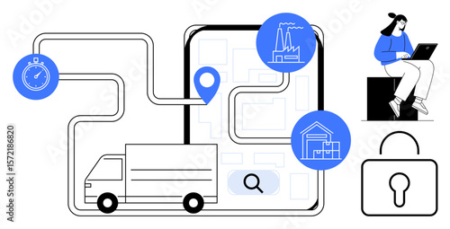 Delivery truck and map route with pin, factory, warehouse, stopwatch, lock, and woman on laptop enhancing tracking, security, and efficiency. Ideal for supply chain logistics technology